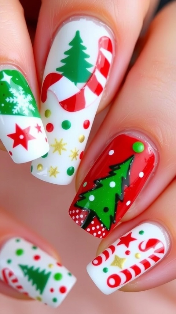 Festive Christmas Nail Art Design Close-up of festive Christmas nail art with red, green, and white designs.